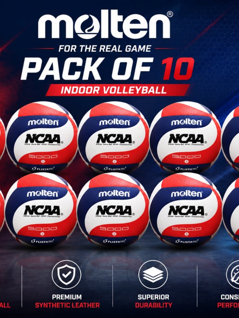 Molten V5M5000-3N Flistatec NCAA Volleyball Red/White/Blue PACK OF 10